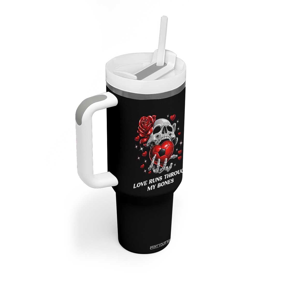 Love Runs Through My Bones Tumbler With Handle Funny Skeleton Soccer Gift TS12 Print Your Wear
