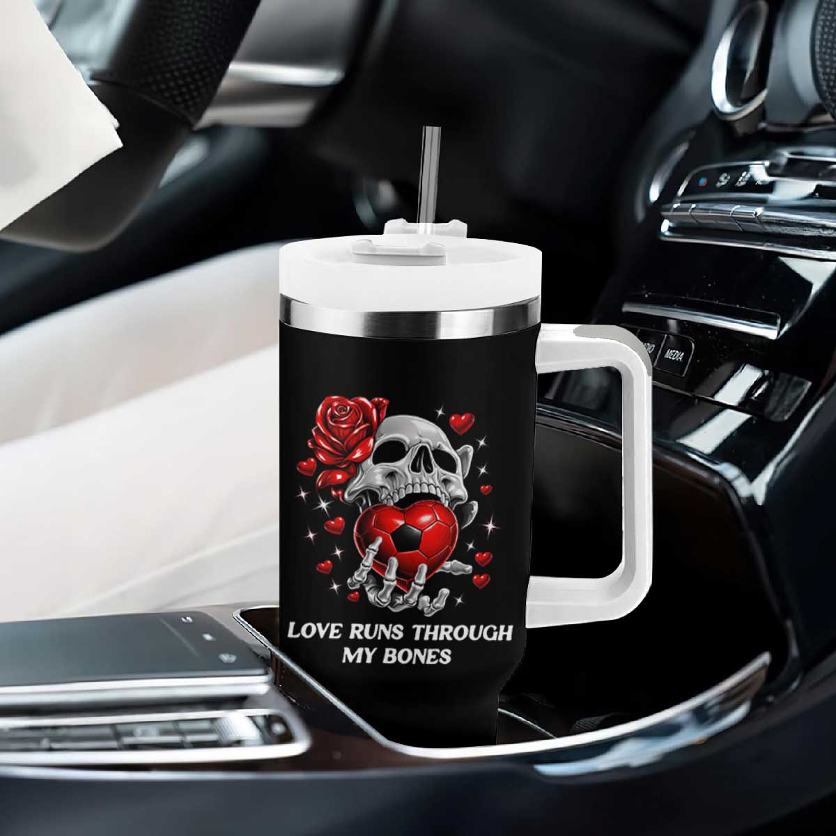 Love Runs Through My Bones Tumbler With Handle Funny Skeleton Soccer Gift TS12 Print Your Wear