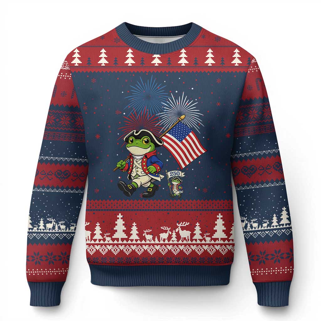 Funny Patriotic Frog Ugly Christmas Sweater Celebrating 250 Years Of Freedom TS12 Navy Red Print Your Wear