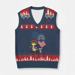 Funny Patriotic Frog V-Neck Knit Sweater Vest Celebrating 250 Years Of Freedom TS12 Navy Red Print Your Wear