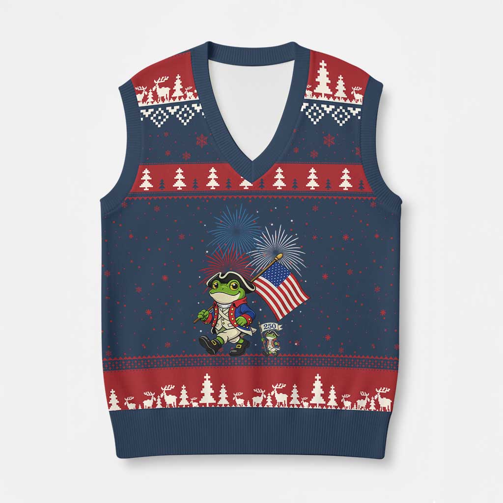 Funny Patriotic Frog V-Neck Knit Sweater Vest Celebrating 250 Years Of Freedom TS12 Navy Red Print Your Wear