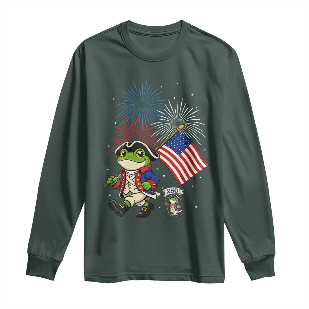Funny Patriotic Frog Long Sleeve Shirt Celebrating 250 Years Of Freedom TS12 Dark Forest Green Print Your Wear