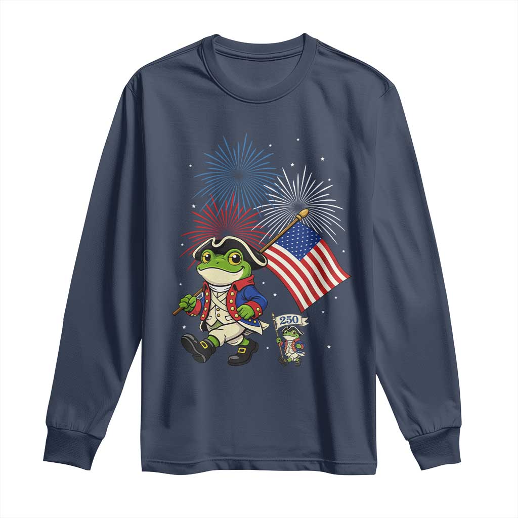 Funny Patriotic Frog Long Sleeve Shirt Celebrating 250 Years Of Freedom TS12 Navy Print Your Wear