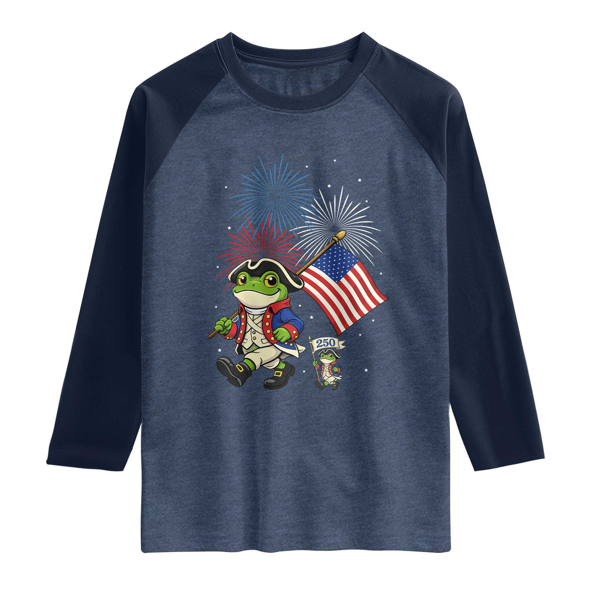 Funny Patriotic Frog Raglan Shirt Celebrating 250 Years Of Freedom TS12 Heather Denim Navy Print Your Wear