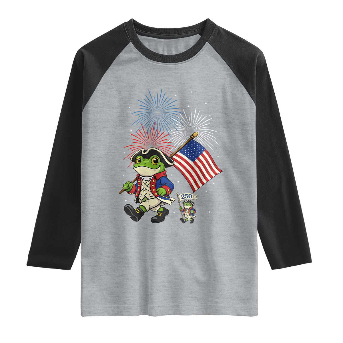 Funny Patriotic Frog Raglan Shirt Celebrating 250 Years Of Freedom TS12 Heather Gray Black Print Your Wear