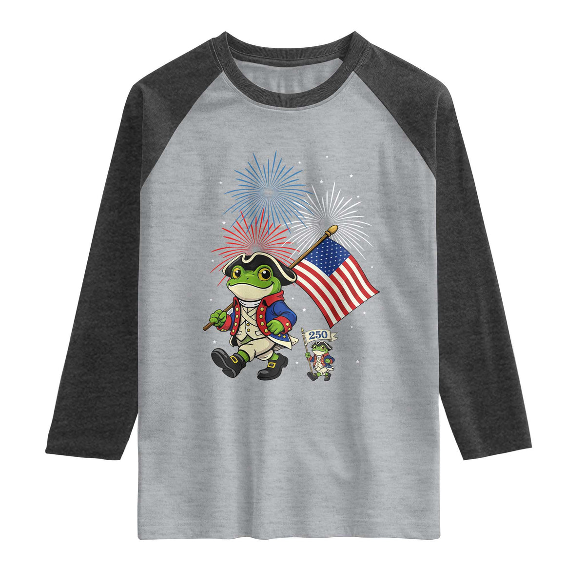 Funny Patriotic Frog Raglan Shirt Celebrating 250 Years Of Freedom TS12 Heather Gray Heather Charcoal Print Your Wear