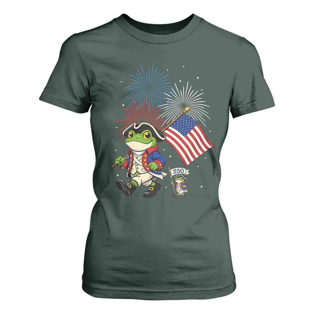 Funny Patriotic Frog T Shirt For Women Celebrating 250 Years Of Freedom TS12 Dark Forest Green Print Your Wear