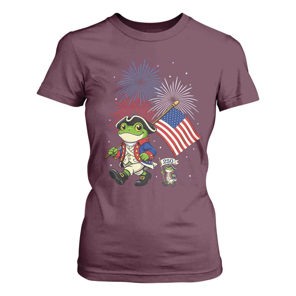 Funny Patriotic Frog T Shirt For Women Celebrating 250 Years Of Freedom TS12 Maroon Print Your Wear