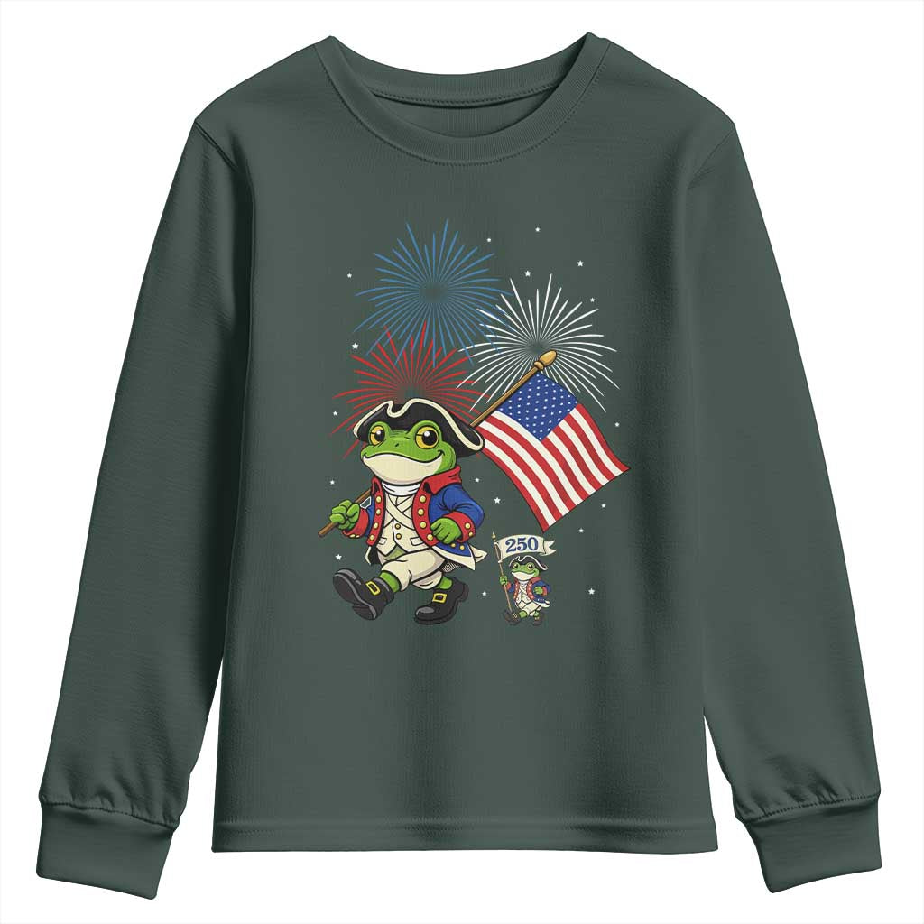 Funny Patriotic Frog Youth Sweatshirt Celebrating 250 Years Of Freedom TS12 Dark Forest Green Print Your Wear