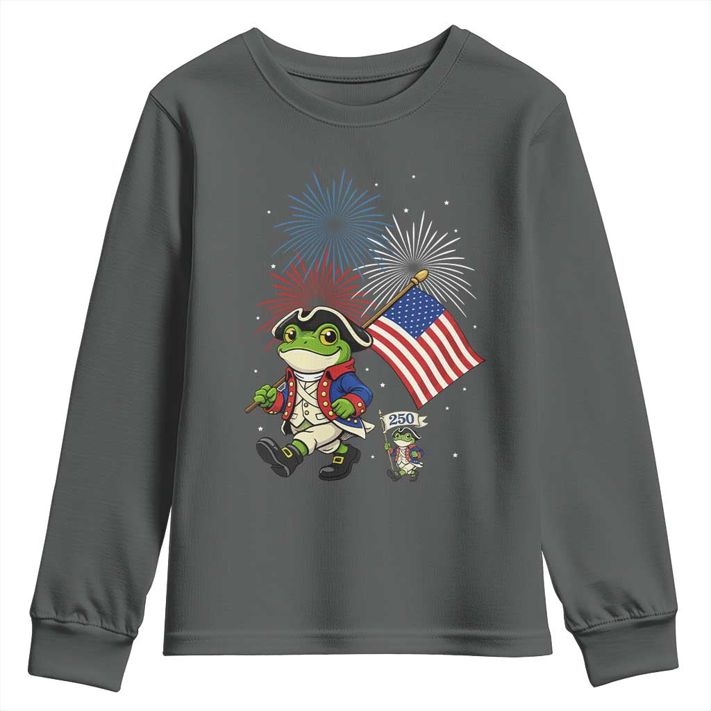 Funny Patriotic Frog Youth Sweatshirt Celebrating 250 Years Of Freedom TS12 Dark Heather Print Your Wear