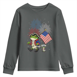 Funny Patriotic Frog Youth Sweatshirt Celebrating 250 Years Of Freedom TS12 Dark Heather Print Your Wear