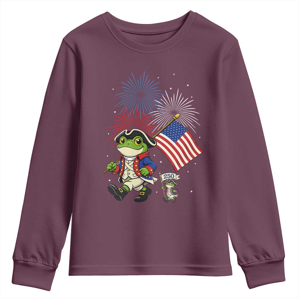 Funny Patriotic Frog Youth Sweatshirt Celebrating 250 Years Of Freedom TS12 Maroon Print Your Wear