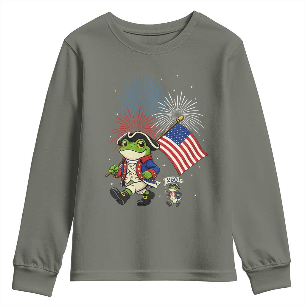 Funny Patriotic Frog Youth Sweatshirt Celebrating 250 Years Of Freedom TS12 Military Green Print Your Wear