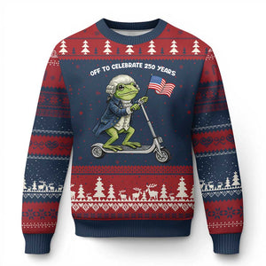 Funny Patriotic Frog Ugly Christmas Sweater Off To Celebrate 250 Years Of Freedom TS12 Navy Red Print Your Wear