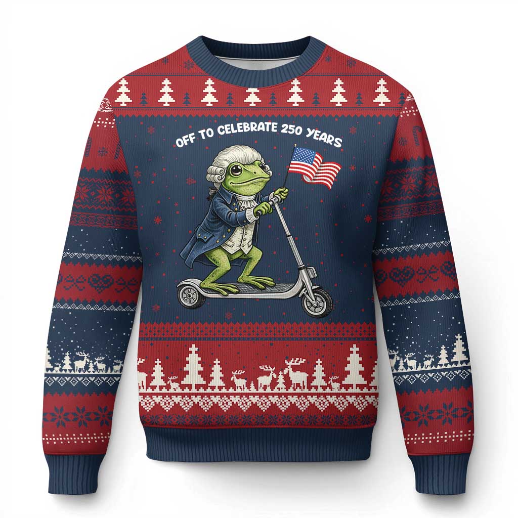 Funny Patriotic Frog Ugly Christmas Sweater Off To Celebrate 250 Years Of Freedom TS12 Navy Red Print Your Wear