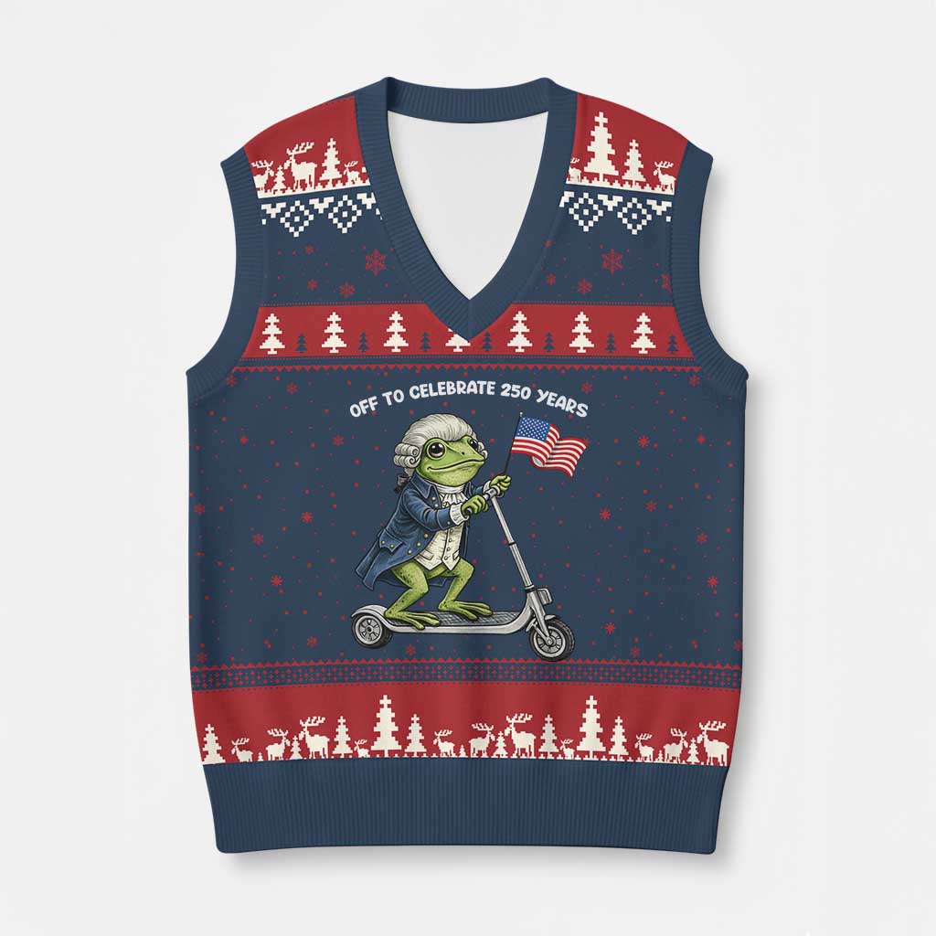 Funny Patriotic Frog V-Neck Knit Sweater Vest Off To Celebrate 250 Years Of Freedom TS12 Navy Red Print Your Wear