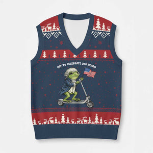 Funny Patriotic Frog V-Neck Knit Sweater Vest Off To Celebrate 250 Years Of Freedom TS12 Navy Red Print Your Wear