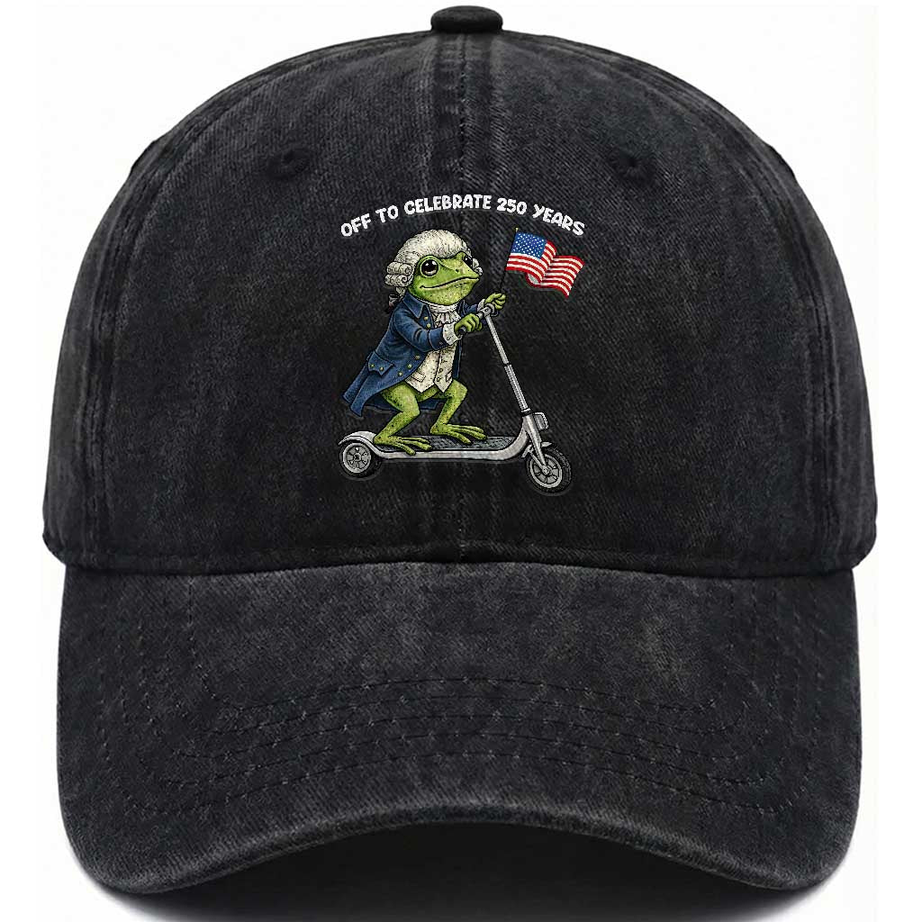 Funny Patriotic Frog Washed Cotton Baseball Cap Off To Celebrate 250 Years Of Freedom TS12 Washed Cap Universal Fit Black Print Your Wear
