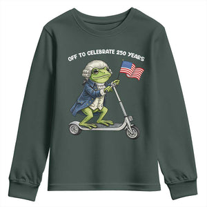 Funny Patriotic Frog Youth Sweatshirt Off To Celebrate 250 Years Of Freedom TS12 Dark Forest Green Print Your Wear