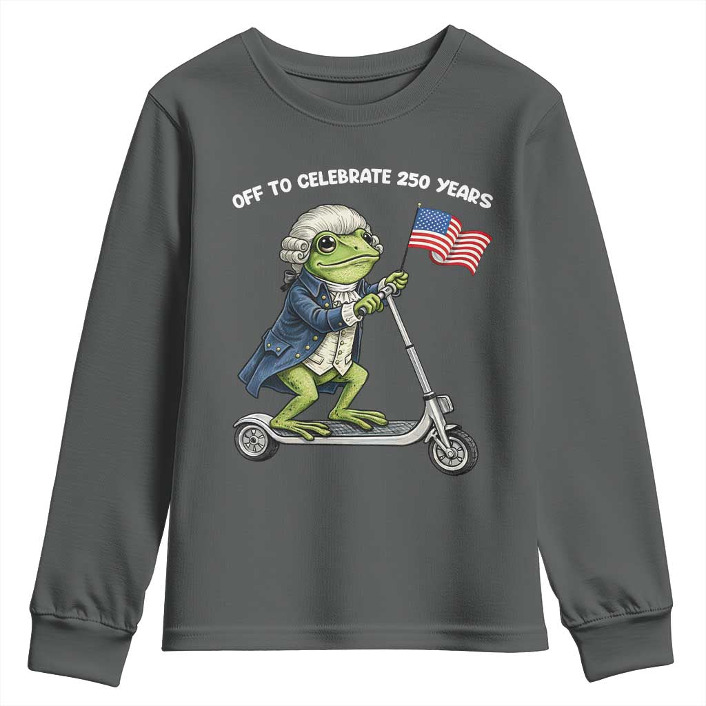 Funny Patriotic Frog Youth Sweatshirt Off To Celebrate 250 Years Of Freedom TS12 Dark Heather Print Your Wear