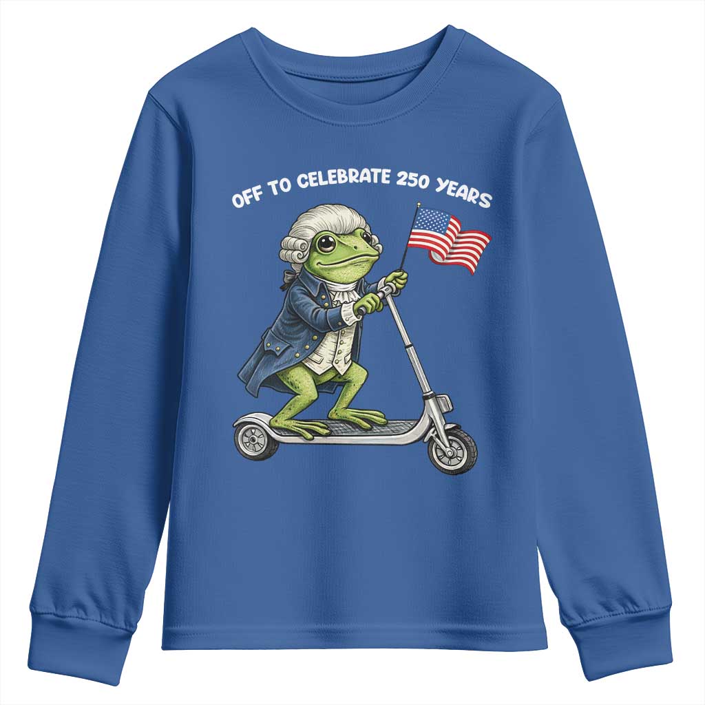 Funny Patriotic Frog Youth Sweatshirt Off To Celebrate 250 Years Of Freedom TS12 Royal Blue Print Your Wear