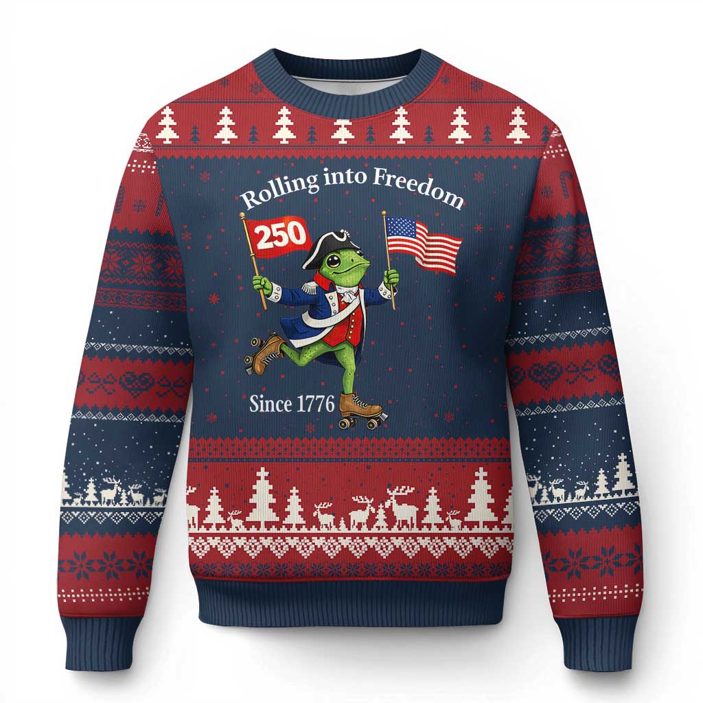 Funny Patriotic Frog Ugly Christmas Sweater Rolling Into 250 Years Of Liberty TS12 Navy Red Print Your Wear