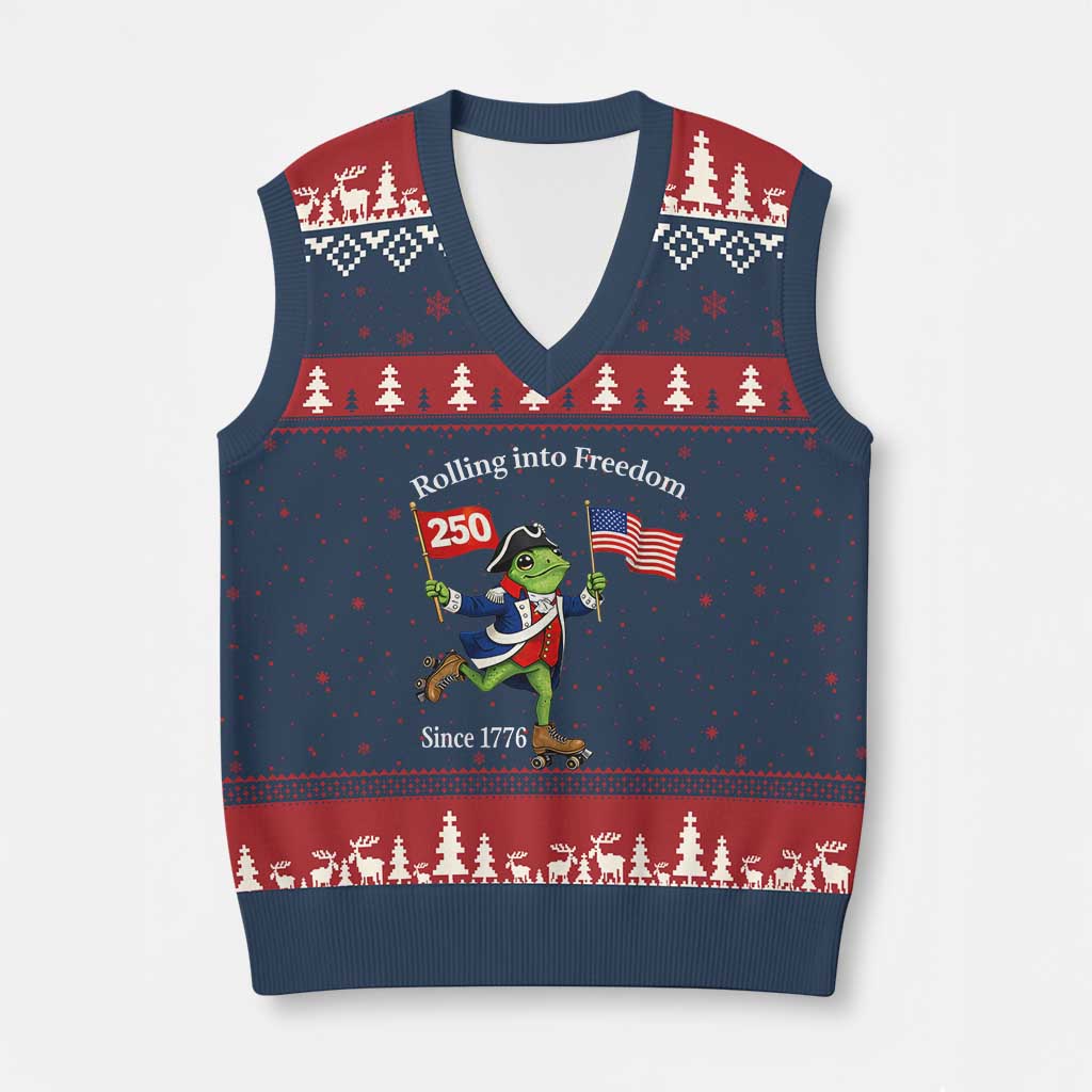 Funny Patriotic Frog V-Neck Knit Sweater Vest Rolling Into 250 Years Of Liberty TS12 Navy Red Print Your Wear