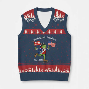 Funny Patriotic Frog V-Neck Knit Sweater Vest Rolling Into 250 Years Of Liberty TS12 Navy Red Print Your Wear