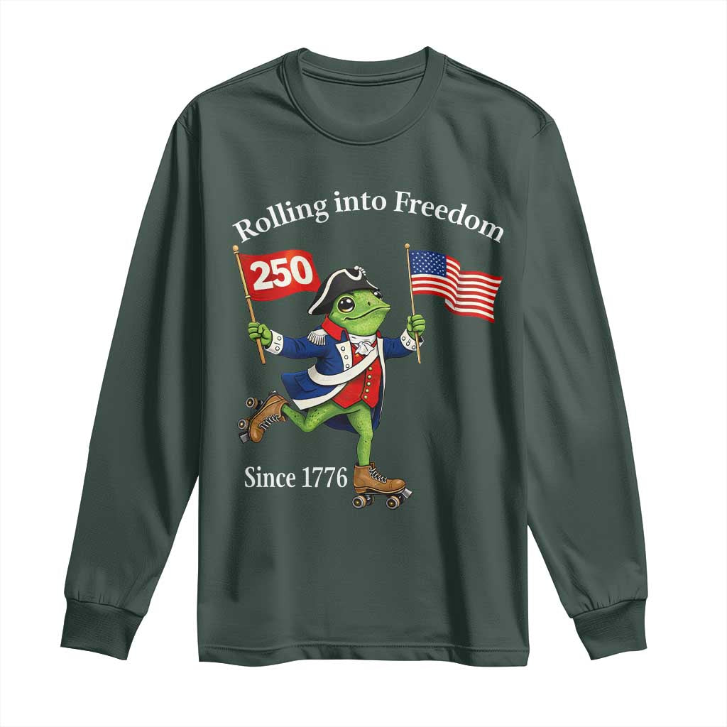 Funny Patriotic Frog Long Sleeve Shirt Rolling Into 250 Years Of Liberty TS12 Dark Forest Green Print Your Wear