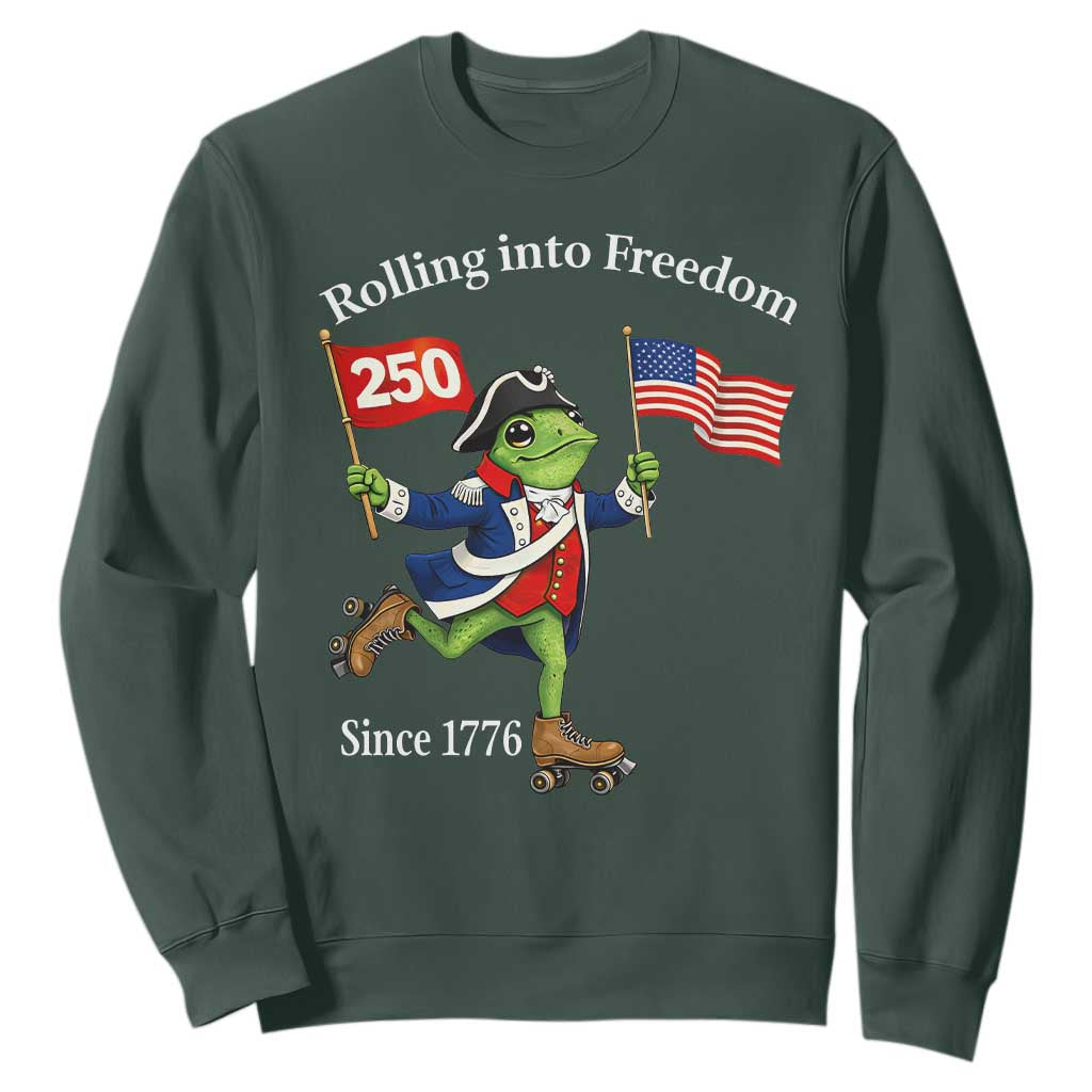 Funny Patriotic Frog Sweatshirt Rolling Into 250 Years Of Liberty TS12 Dark Forest Green Print Your Wear