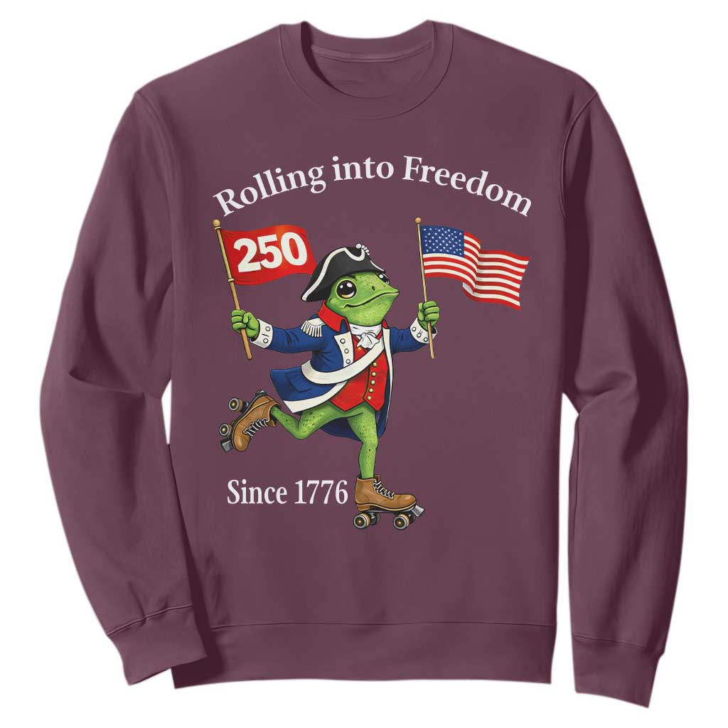 Funny Patriotic Frog Sweatshirt Rolling Into 250 Years Of Liberty TS12 Maroon Print Your Wear