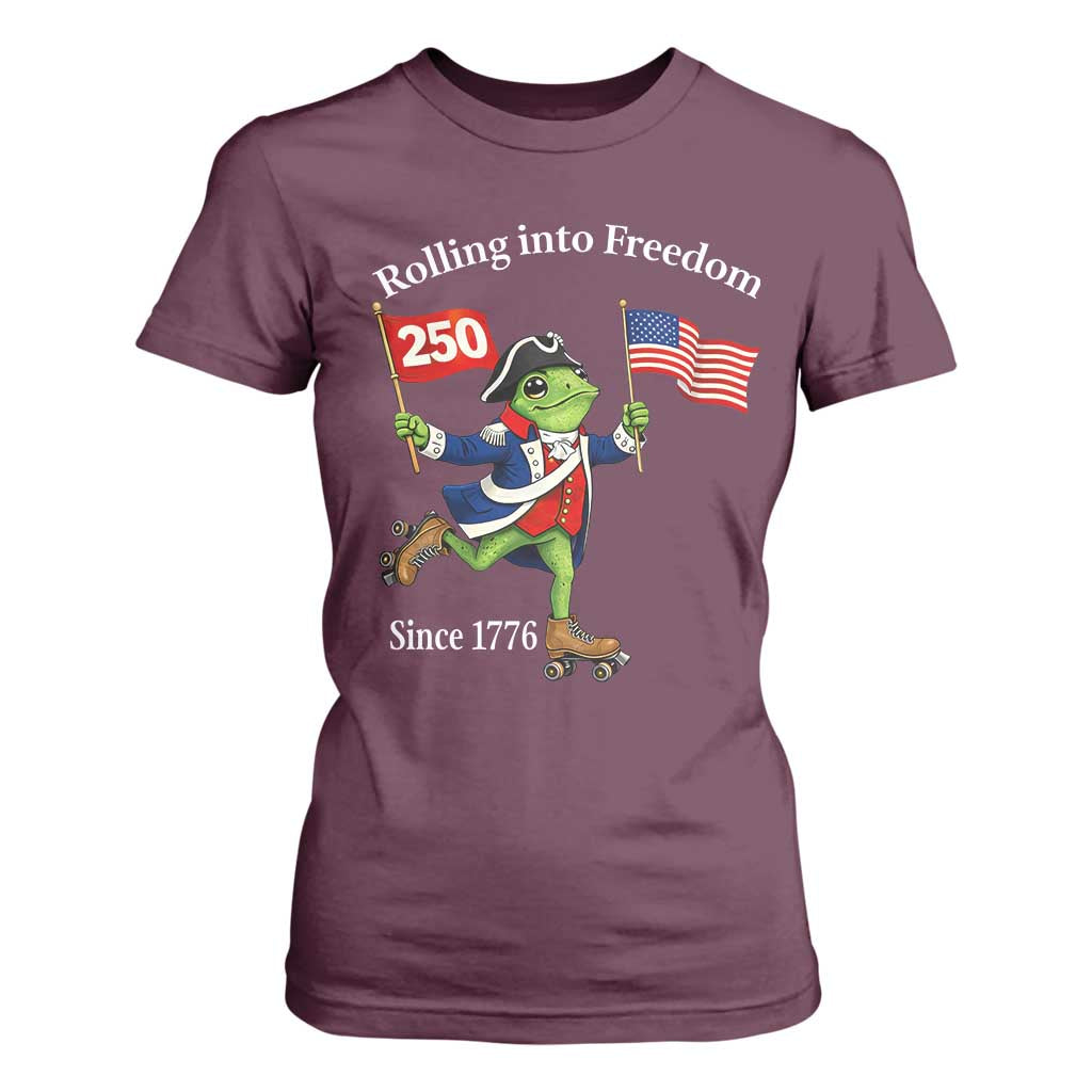 Funny Patriotic Frog T Shirt For Women Rolling Into 250 Years Of Liberty TS12 Maroon Print Your Wear
