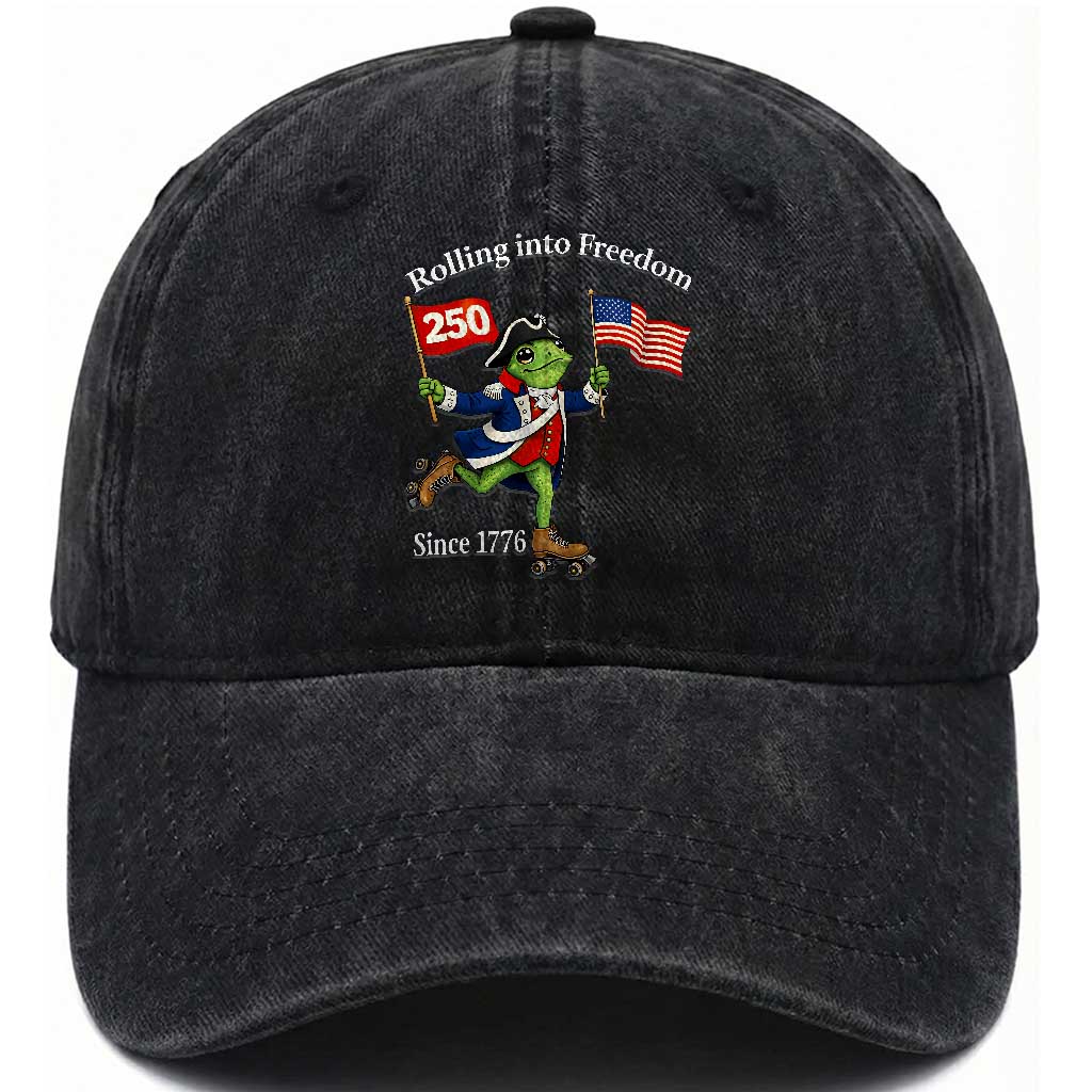 Funny Patriotic Frog Washed Cotton Baseball Cap Rolling Into 250 Years Of Liberty TS12 Washed Cap Universal Fit Black Print Your Wear