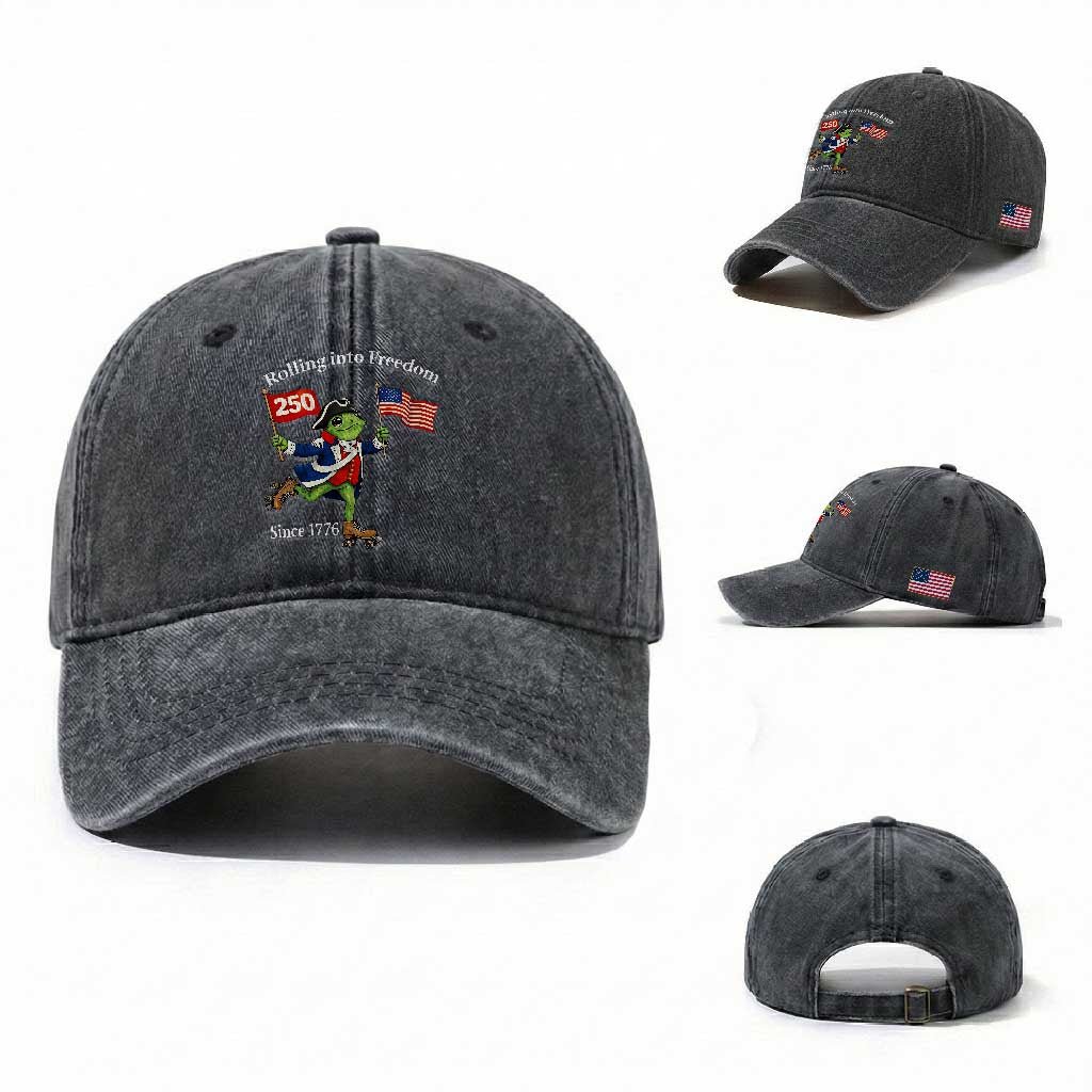Funny Patriotic Frog Washed Cotton Baseball Cap Rolling Into 250 Years Of Liberty TS12 Washed Cap Universal Fit Dark Gray Print Your Wear