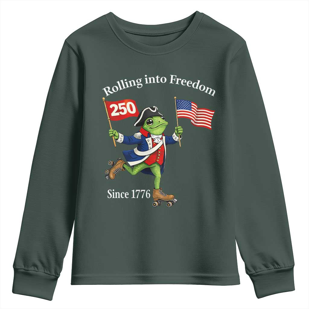 Funny Patriotic Frog Youth Sweatshirt Rolling Into 250 Years Of Liberty TS12 Dark Forest Green Print Your Wear