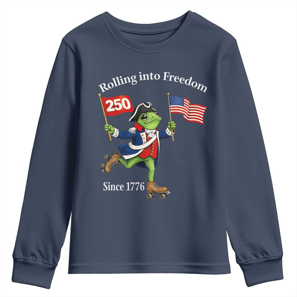 Funny Patriotic Frog Youth Sweatshirt Rolling Into 250 Years Of Liberty TS12 Navy Print Your Wear
