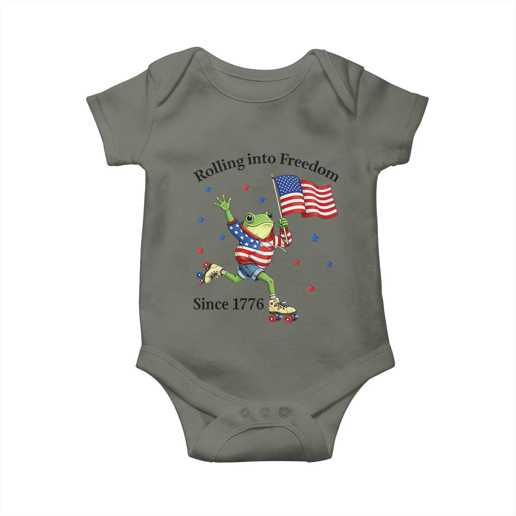 Funny Patriotic Frog Baby Onesie Rolling Into Freedom Since 1776 TS12 Military Green Print Your Wear