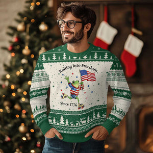 Funny Patriotic Frog Ugly Christmas Sweater Rolling Into Freedom Since 1776 TS12 Beige Green Print Your Wear