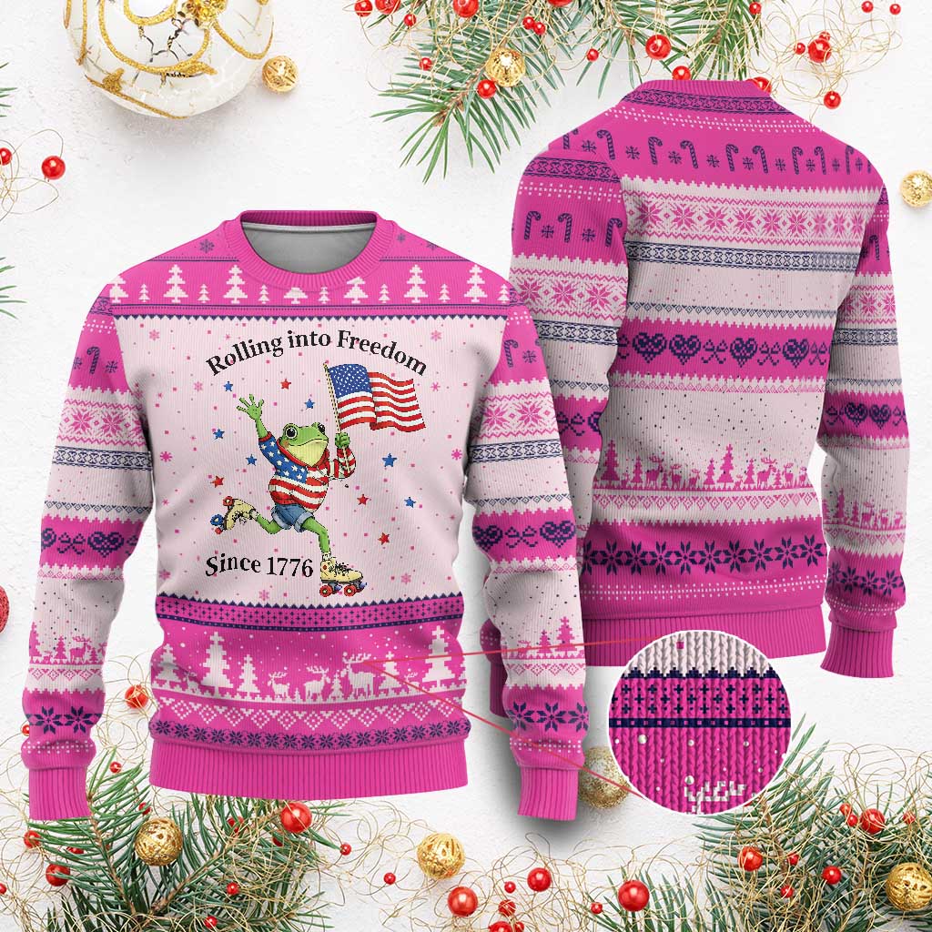 Funny Patriotic Frog Ugly Christmas Sweater Rolling Into Freedom Since 1776 TS12 Hot Pink Print Your Wear