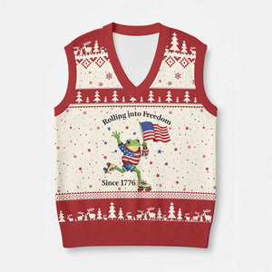 Funny Patriotic Frog V-Neck Knit Sweater Vest Rolling Into Freedom Since 1776 TS12 Beige Red Print Your Wear