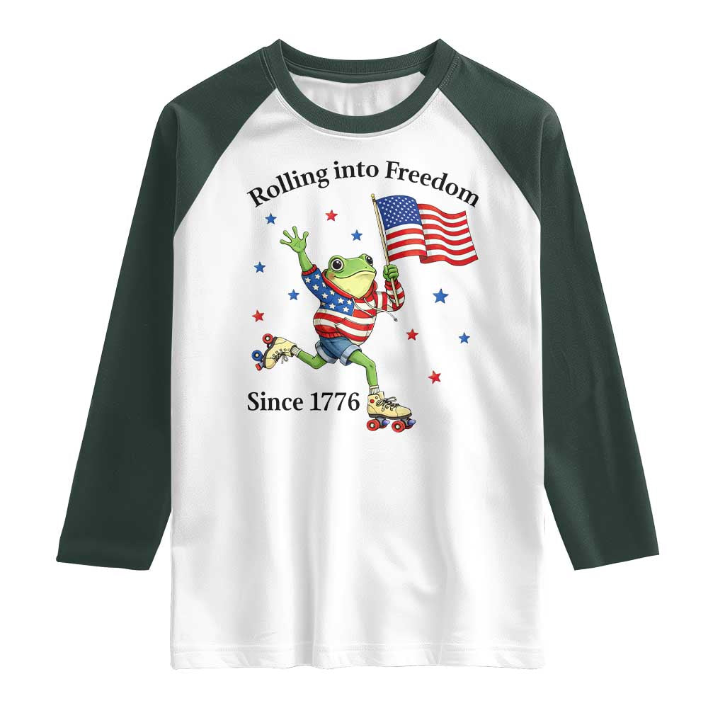 Funny Patriotic Frog Raglan Shirt Rolling Into Freedom Since 1776 TS12 White Dark Forest Green Print Your Wear