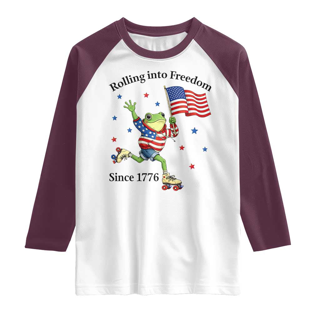 Funny Patriotic Frog Raglan Shirt Rolling Into Freedom Since 1776 TS12 White Maroon Print Your Wear