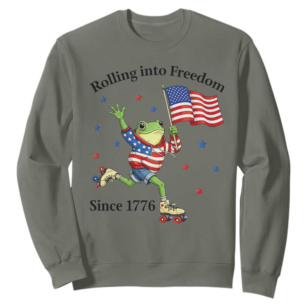 Funny Patriotic Frog Sweatshirt Rolling Into Freedom Since 1776 TS12 Military Green Print Your Wear