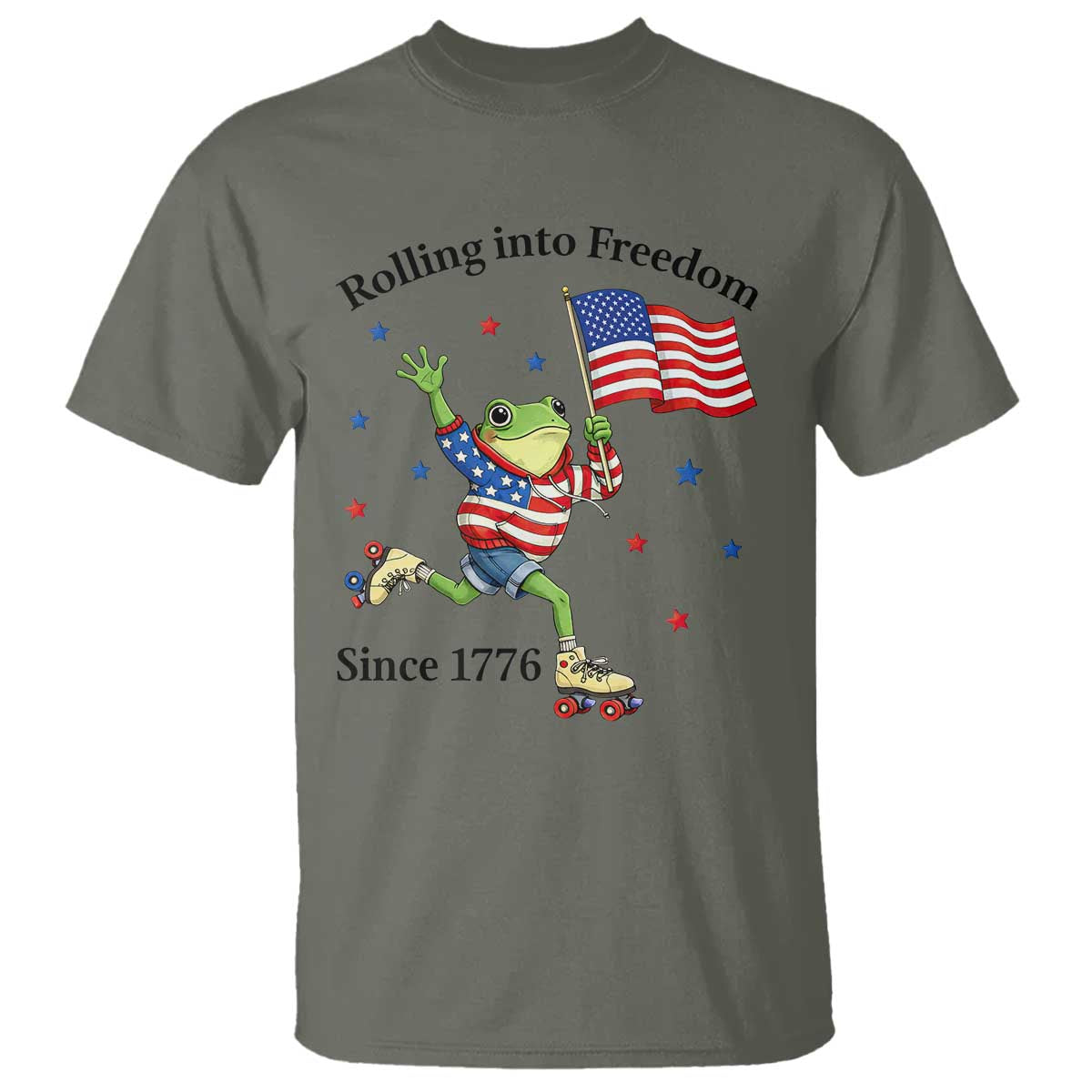 Funny Patriotic Frog T Shirt Rolling Into Freedom Since 1776 TS12 Military Green Print Your Wear