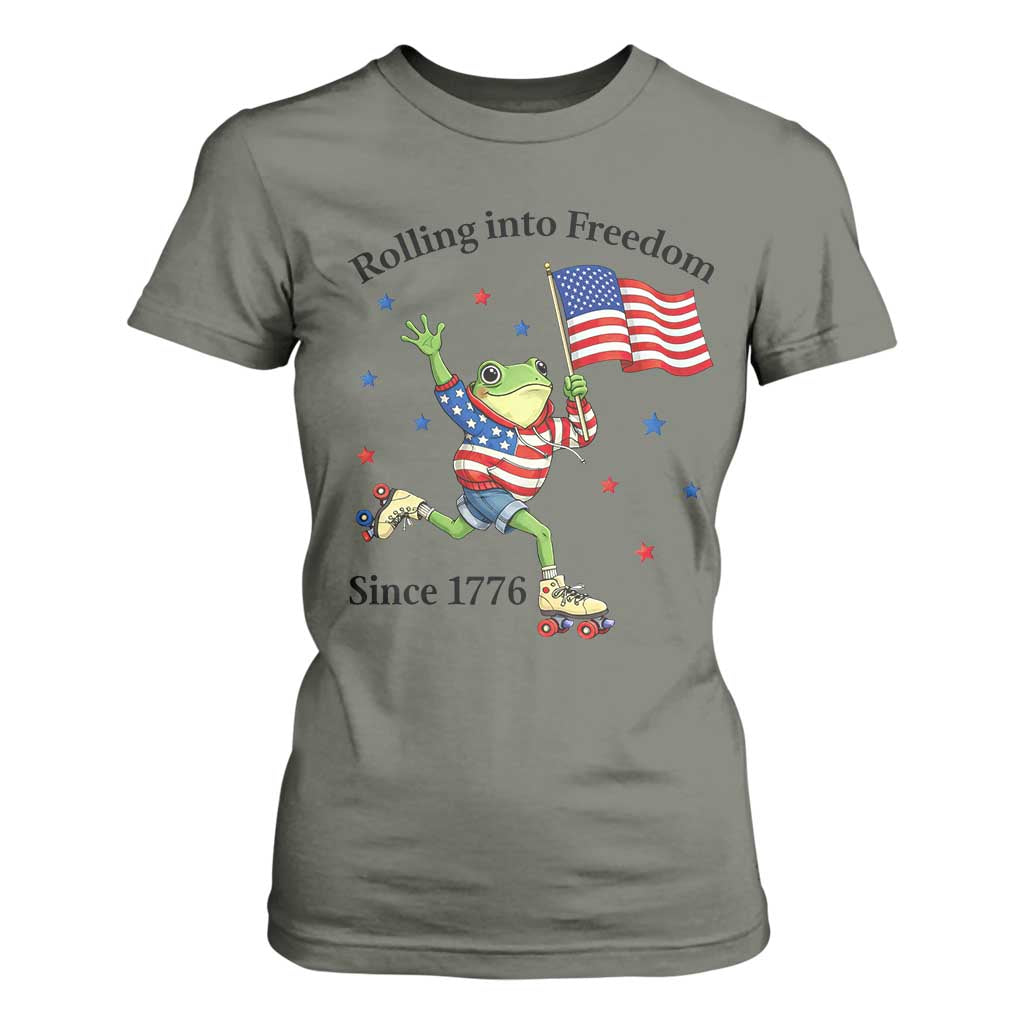 Funny Patriotic Frog T Shirt For Women Rolling Into Freedom Since 1776 TS12 Military Green Print Your Wear