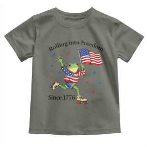 Funny Patriotic Frog Toddler T Shirt Rolling Into Freedom Since 1776 TS12 Military Green Print Your Wear