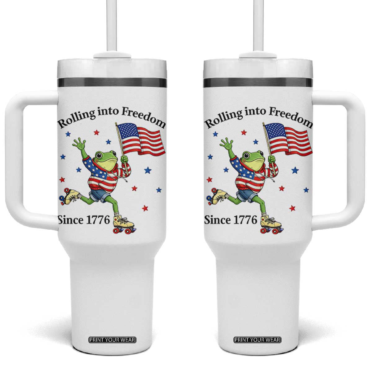 Funny Patriotic Frog Tumbler With Handle Rolling Into Freedom Since 1776 TS12 One Size: 40 oz White Print Your Wear
