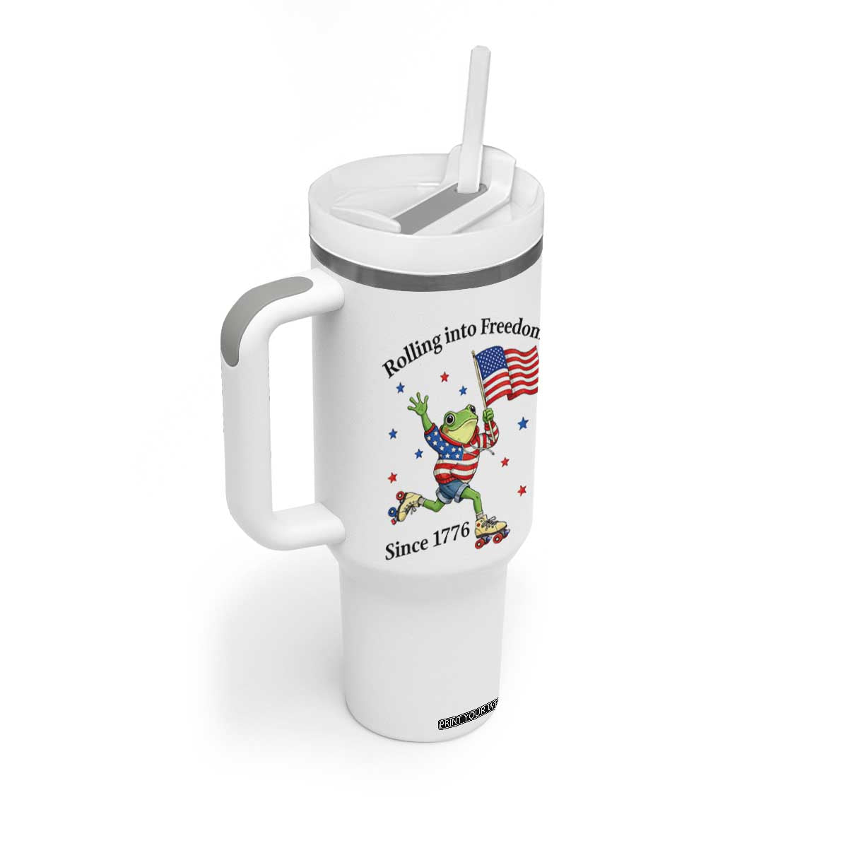 Funny Patriotic Frog Tumbler With Handle Rolling Into Freedom Since 1776 TS12 Print Your Wear