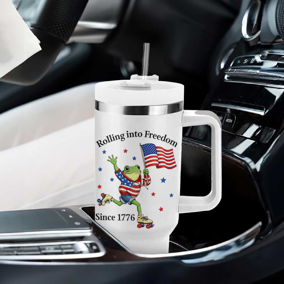 Funny Patriotic Frog Tumbler With Handle Rolling Into Freedom Since 1776 TS12 Print Your Wear