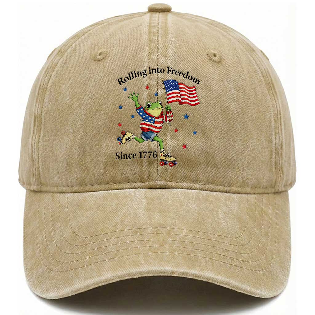 Funny Patriotic Frog Washed Cotton Baseball Cap Rolling Into Freedom Since 1776 TS12 Washed Cap Universal Fit Khaki Print Your Wear